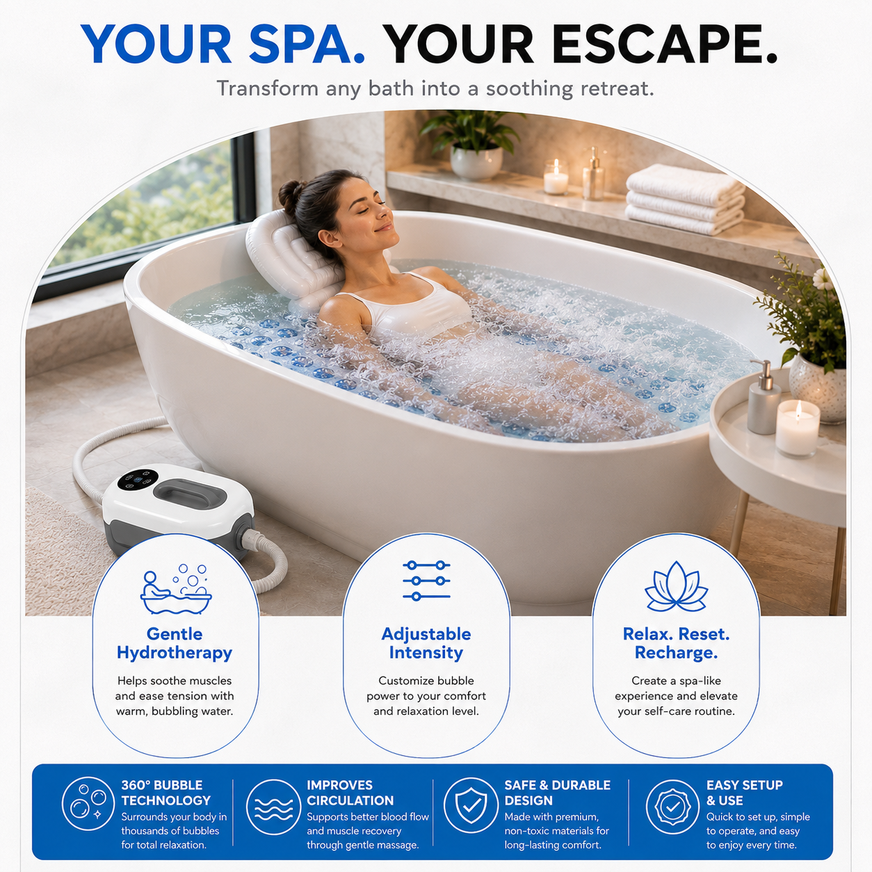 Dr. Franklyn's Therapeutic Air Jet Whirlpool Bath Spa Mat, Inflatable Pillow & Remote Control