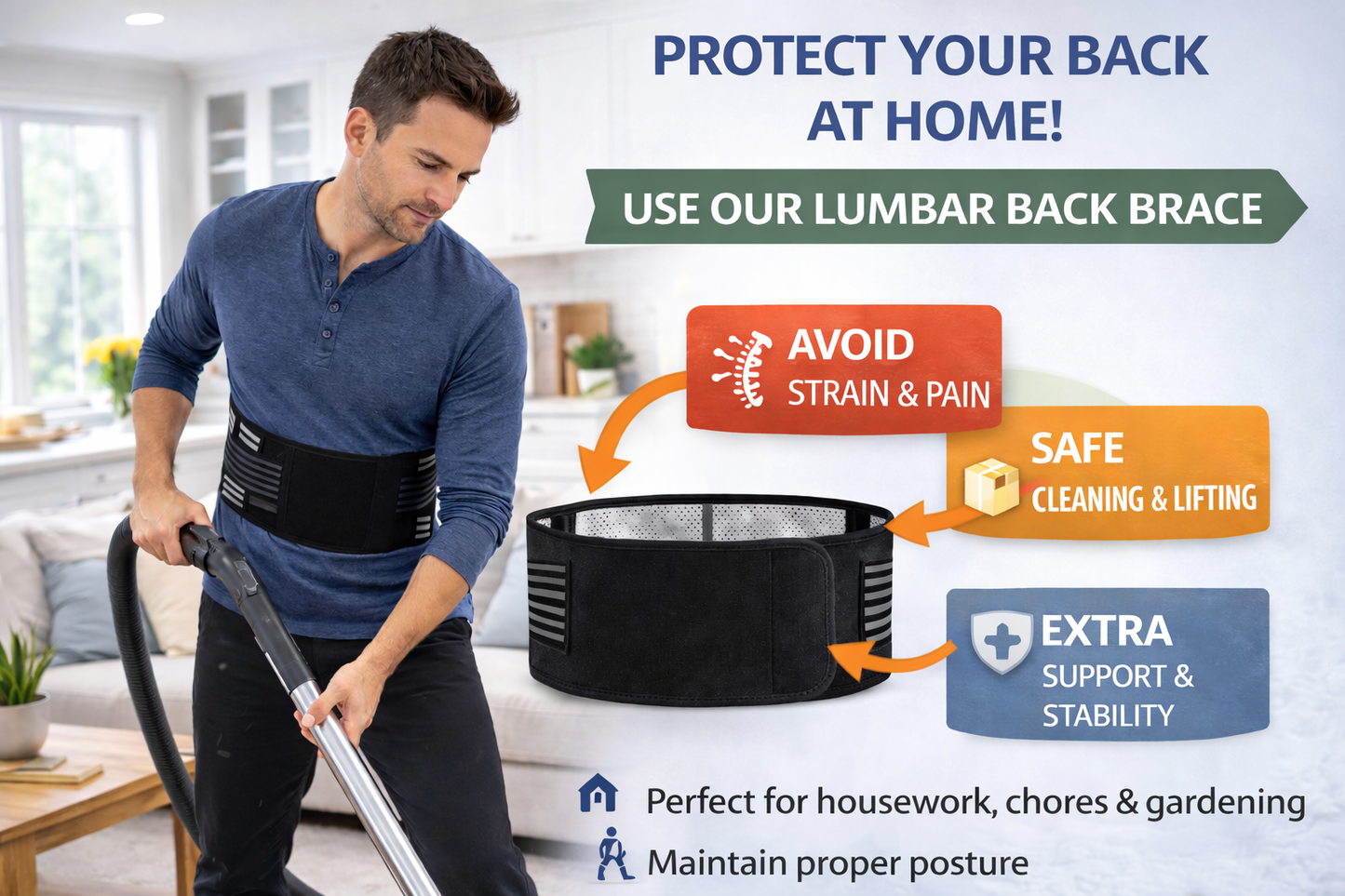 Black adjustable lower back support brace with tourmaline self-heating magnetic therapy pads and elastic compression straps. 5