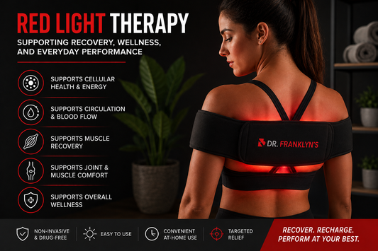 Dr. Franklyn's red light therapy wrap used on the upper back and shoulders for recovery support.