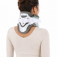 A woman viewed from the back wearing a white and gray cervical neck brace on her neck, against a plain white background.
