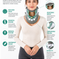 An infographic poster titled 'CERVICAL TRACTION NECK SUPPORT' featuring a woman wearing a neck brace, surrounded by callout circles with icons and text detailing the product's benefits, features, and ideal use cases.
