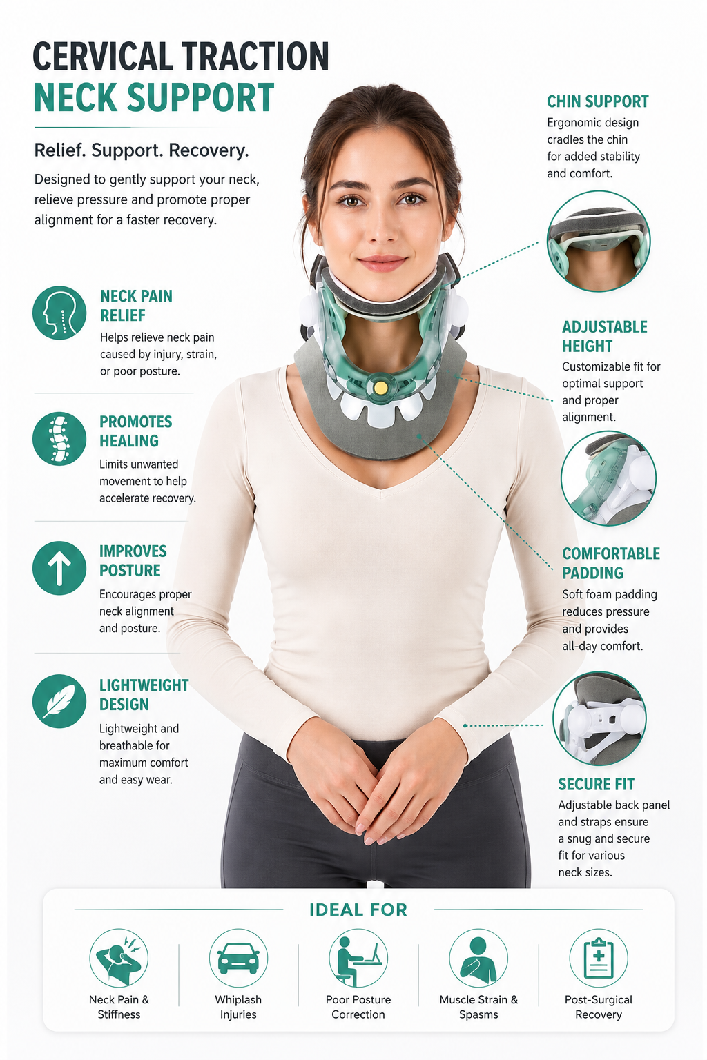 An infographic poster titled 'CERVICAL TRACTION NECK SUPPORT' featuring a woman wearing a neck brace, surrounded by callout circles with icons and text detailing the product's benefits, features, and ideal use cases.