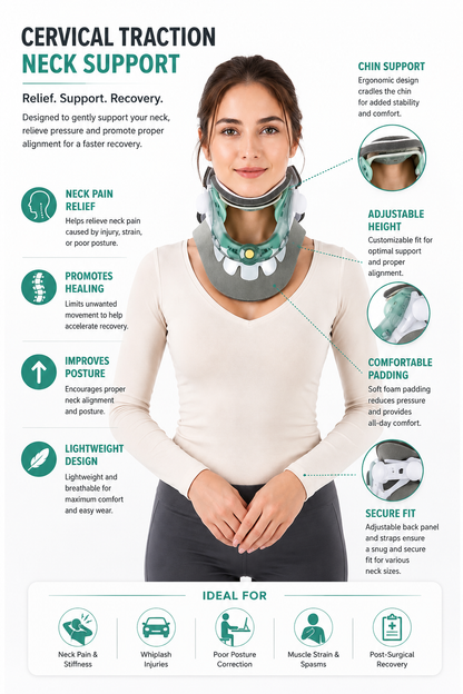 An infographic poster titled 'CERVICAL TRACTION NECK SUPPORT' featuring a woman wearing a neck brace, surrounded by callout circles with icons and text detailing the product's benefits, features, and ideal use cases.