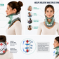 An infographic explaining the benefits and mechanism of a cervical traction neck brace, featuring multiple diagrams, text callouts, and photos of a woman wearing the brace.