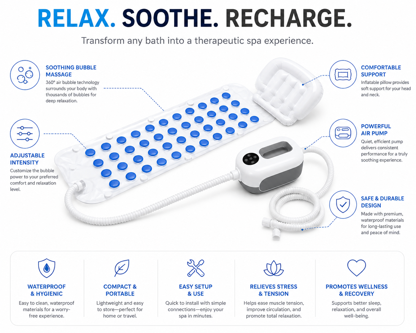 Dr. Franklyn's Therapeutic Air Jet Whirlpool Bath Spa Mat, Inflatable Pillow & Remote Control
