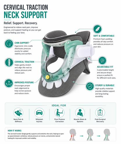 An infographic poster about cervical traction neck support, featuring a 3D model of the support device in the center, bullet points with icons describing its features, and a section at the bottom with icons indicating when it is ideal for use.