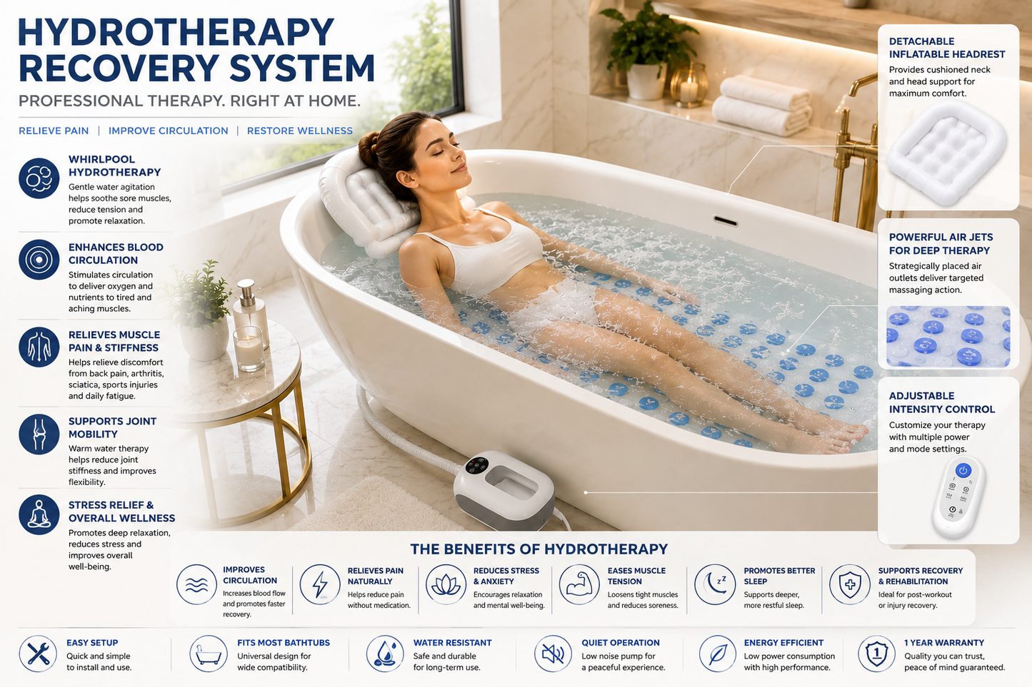 Dr. Franklyn's Therapeutic Air Jet Whirlpool Bath Spa Mat, Inflatable Pillow & Remote Control