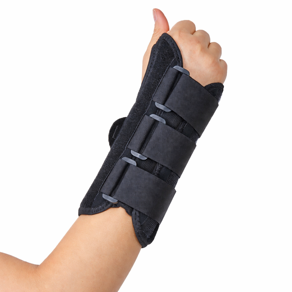 Adjustable black carpal tunnel wrist brace with three hook-and-loop straps for wrist support and stabilization. 