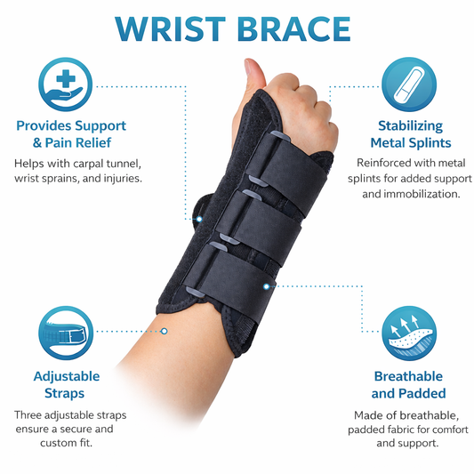 Adjustable black carpal tunnel wrist brace with three hook-and-loop straps for wrist support and stabilization. 1