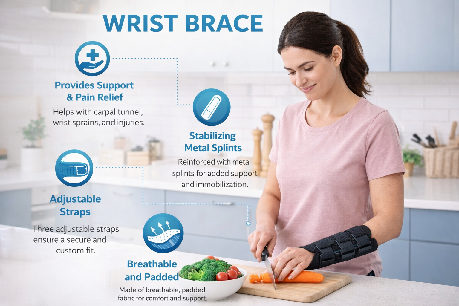 Adjustable black carpal tunnel wrist brace with three hook-and-loop straps for wrist support and stabilization. 2