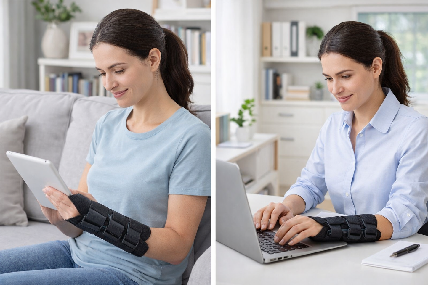 Adjustable black carpal tunnel wrist brace with three hook-and-loop straps for wrist support and stabilization. 3
