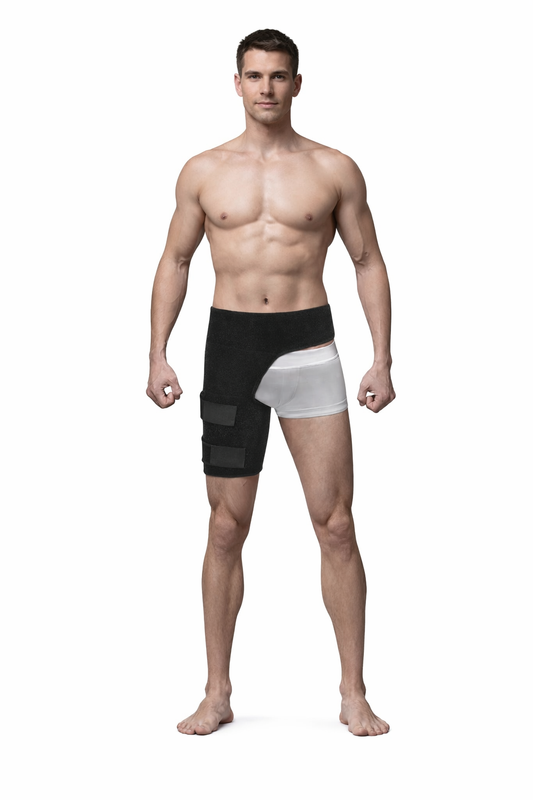 Black adjustable hip brace and groin support wrap for sciatica pain relief, hip flexor strain, and thigh compression. 