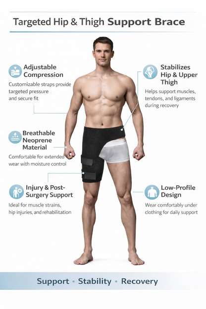 Black adjustable hip brace and groin support wrap for sciatica pain relief, hip flexor strain, and thigh compression. 1