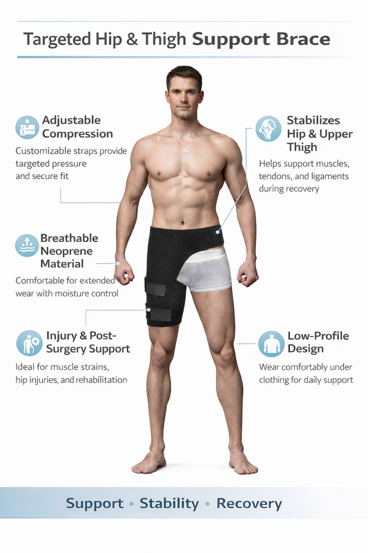 Black adjustable hip brace and groin support wrap for sciatica pain relief, hip flexor strain, and thigh compression. 1
