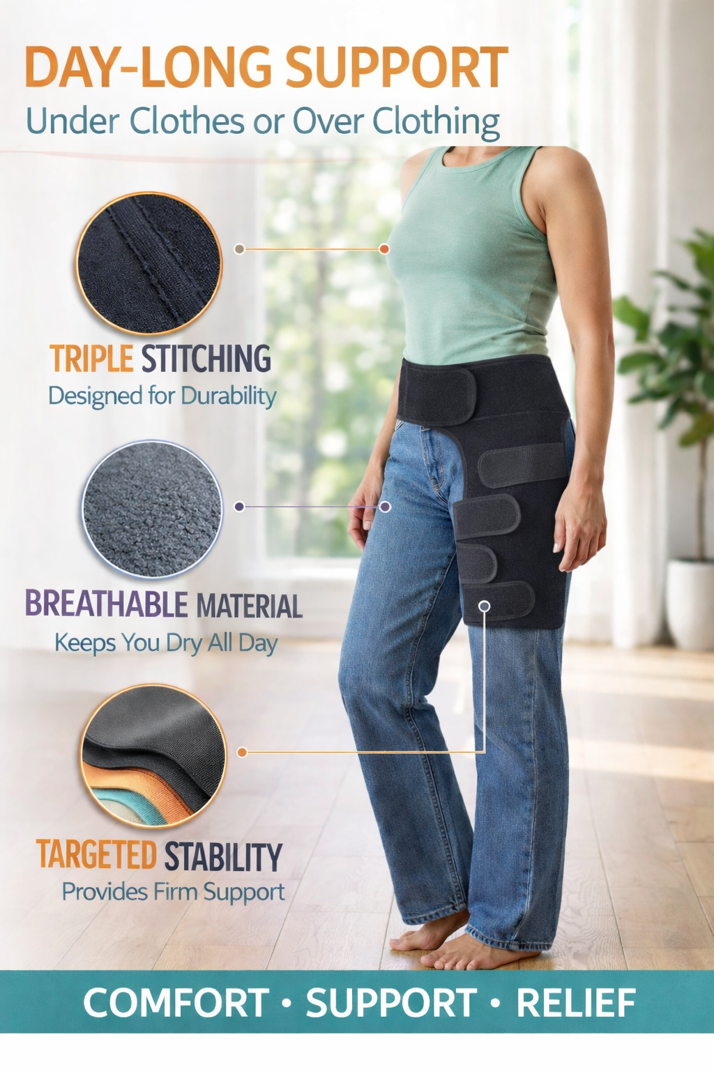 Black adjustable hip brace and groin support wrap for sciatica pain relief, hip flexor strain, and thigh compression. 3