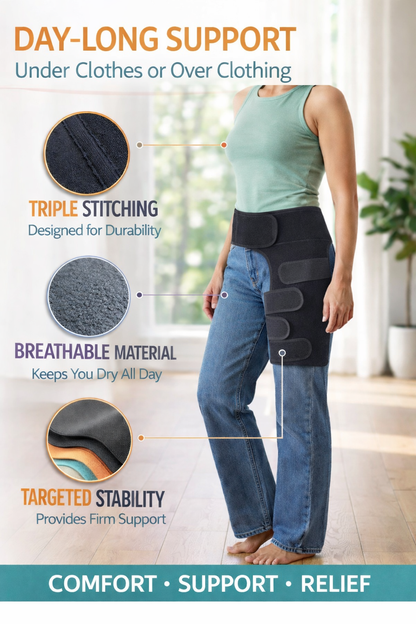 Black adjustable hip brace and groin support wrap for sciatica pain relief, hip flexor strain, and thigh compression. 3