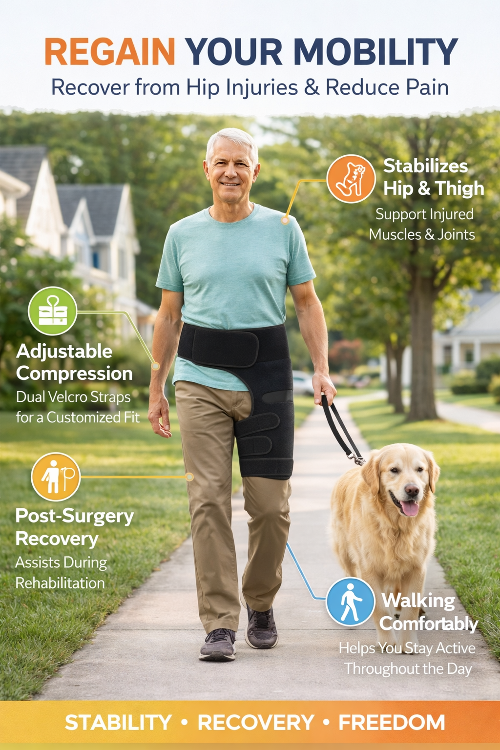 Black adjustable hip brace and groin support wrap for sciatica pain relief, hip flexor strain, and thigh compression. 4