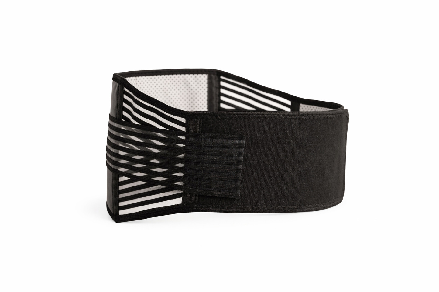 Black adjustable lower back support brace with tourmaline self-heating magnetic therapy pads and elastic compression straps. 2
