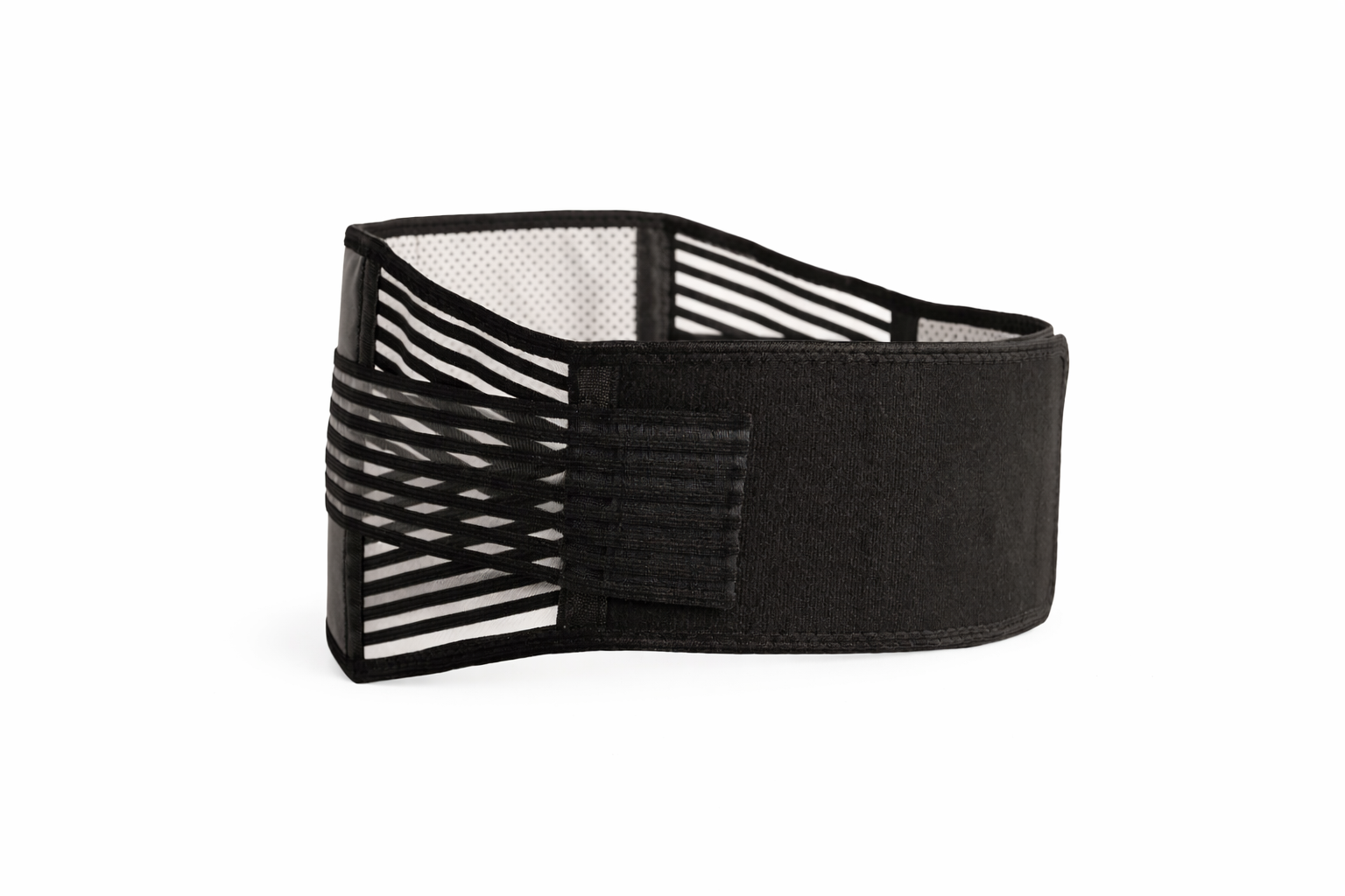 Black adjustable lower back support brace with tourmaline self-heating magnetic therapy pads and elastic compression straps. 2