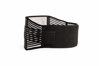 Black adjustable lower back support brace with tourmaline self-heating magnetic therapy pads and elastic compression straps. 2