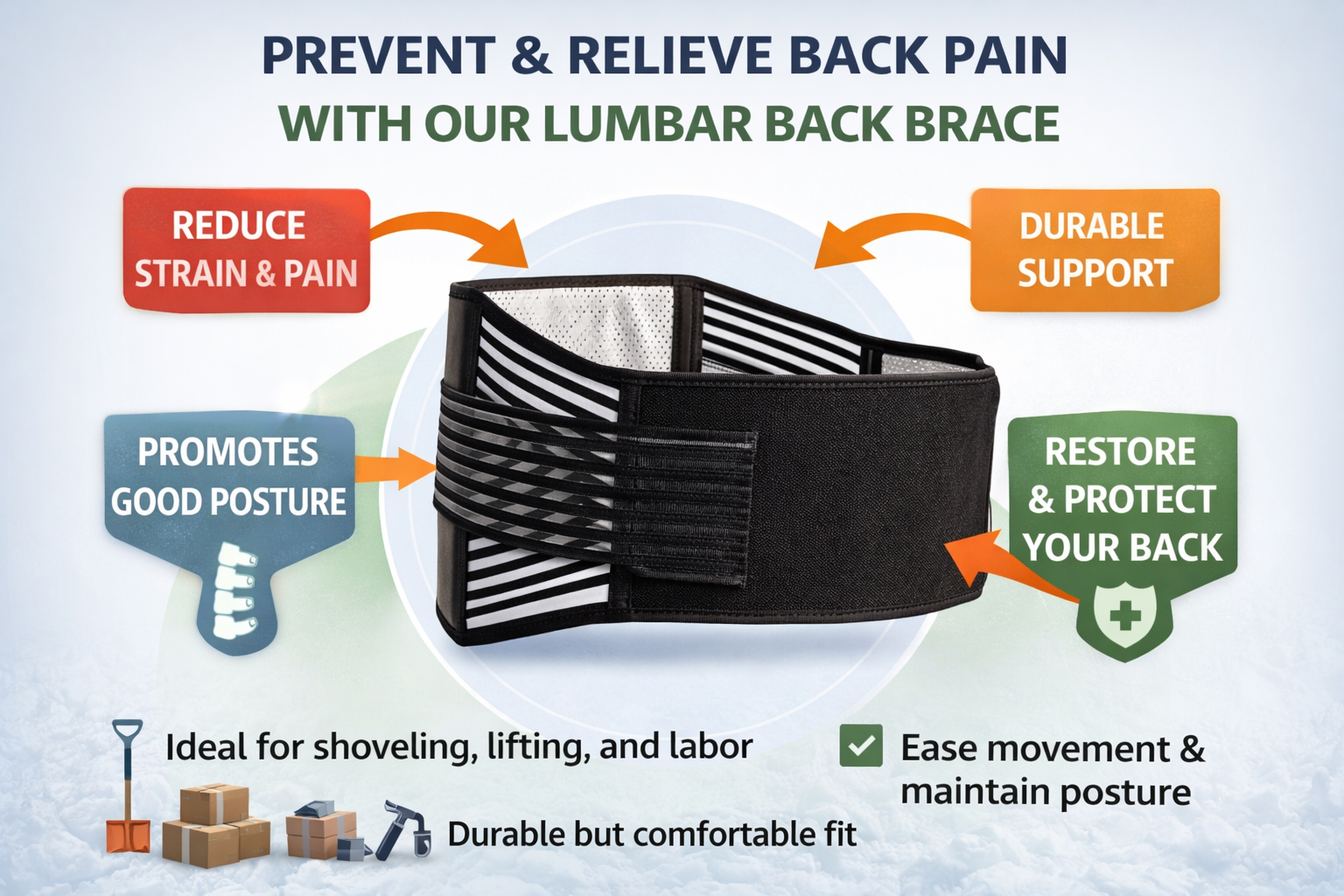 Black adjustable lower back support brace with tourmaline self-heating magnetic therapy pads and elastic compression straps. 3