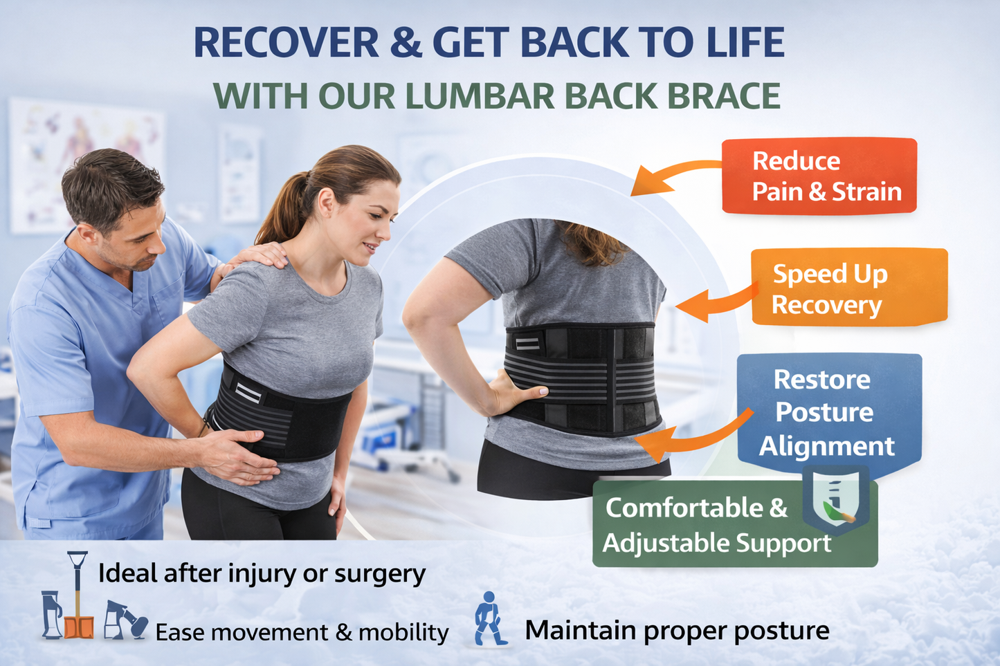 Black adjustable lower back support brace with tourmaline self-heating magnetic therapy pads and elastic compression straps. 4