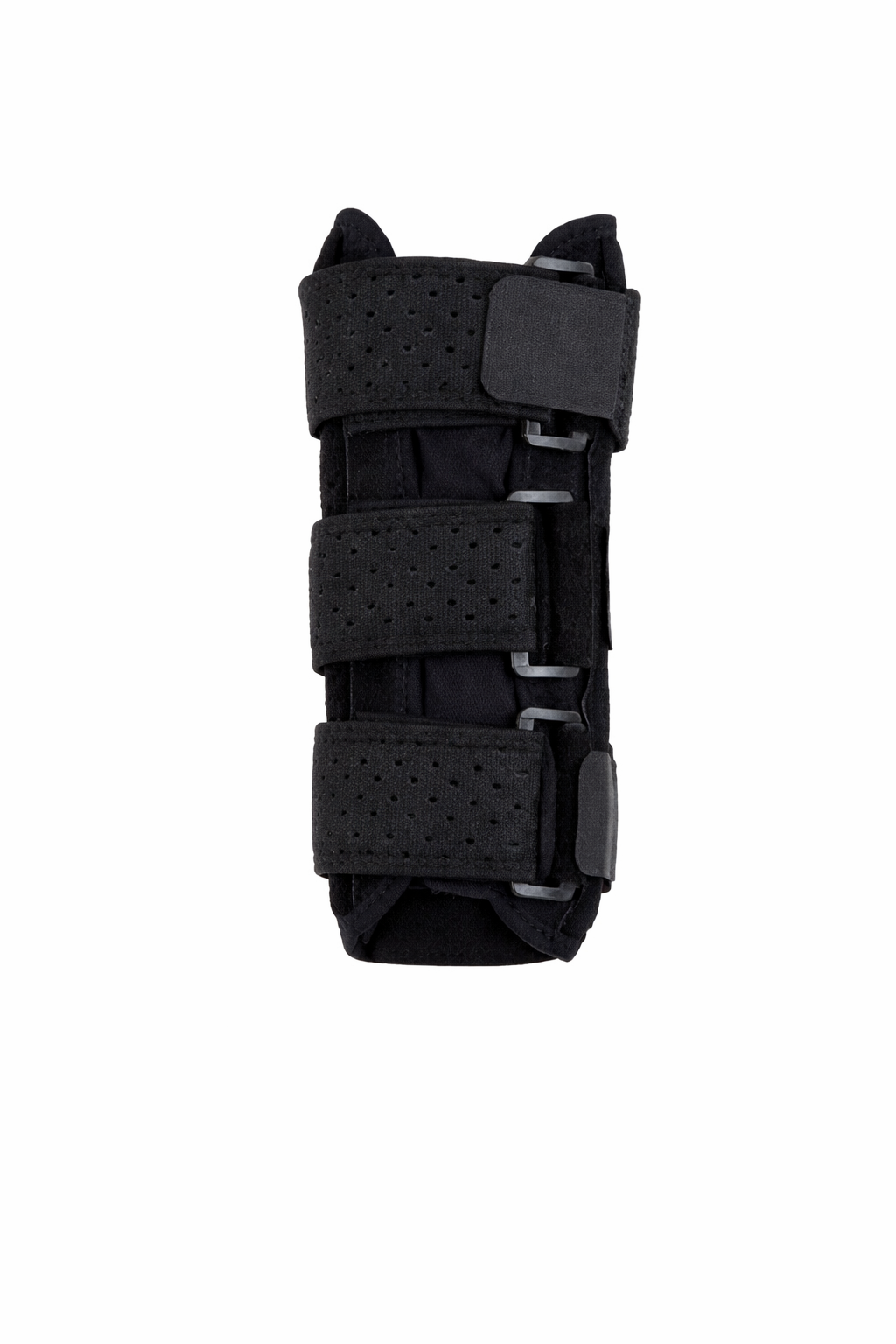 Black adjustable wrist and forearm brace with triple-strap compression and breathable mesh fabric for carpal tunnel and injury support. 