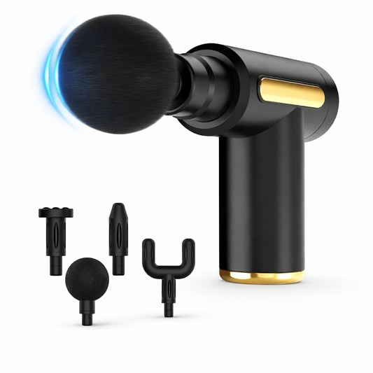 Black and gold portable percussion massage gun with 4 interchangeable massage heads for muscle recovery. 