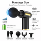 Black and gold portable percussion massage gun with 4 interchangeable massage heads for muscle recovery. 1