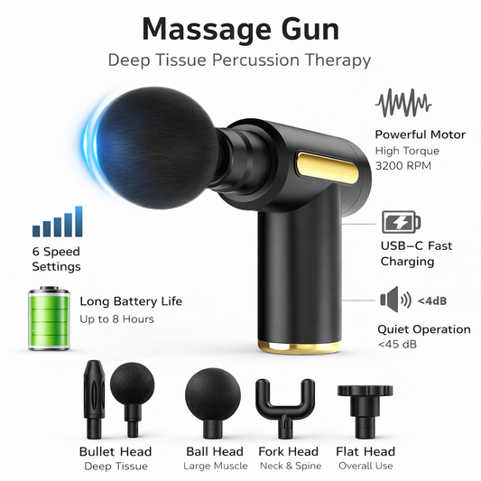 Black and gold portable percussion massage gun with 4 interchangeable massage heads for muscle recovery. 1
