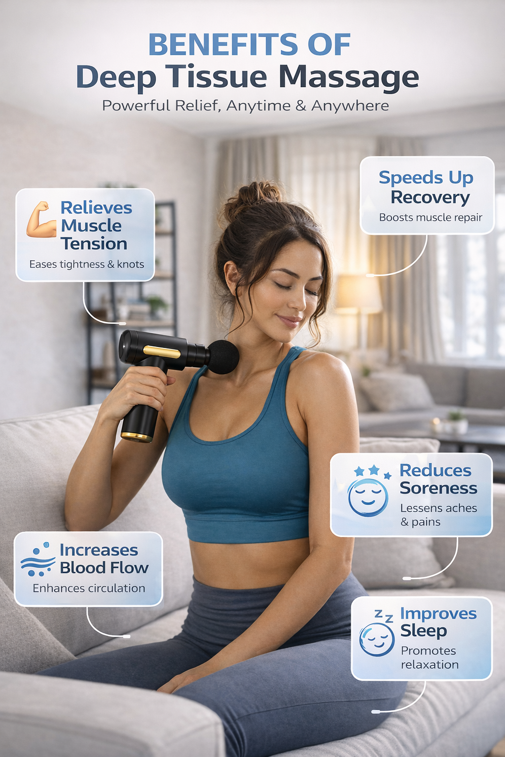 Black and gold portable percussion massage gun with 4 interchangeable massage heads for muscle recovery. 3