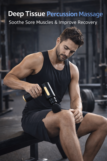 Black and gold portable percussion massage gun with 4 interchangeable massage heads for muscle recovery. 5