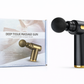 Black and gold portable percussion massage gun with 4 interchangeable massage heads for muscle recovery. 6