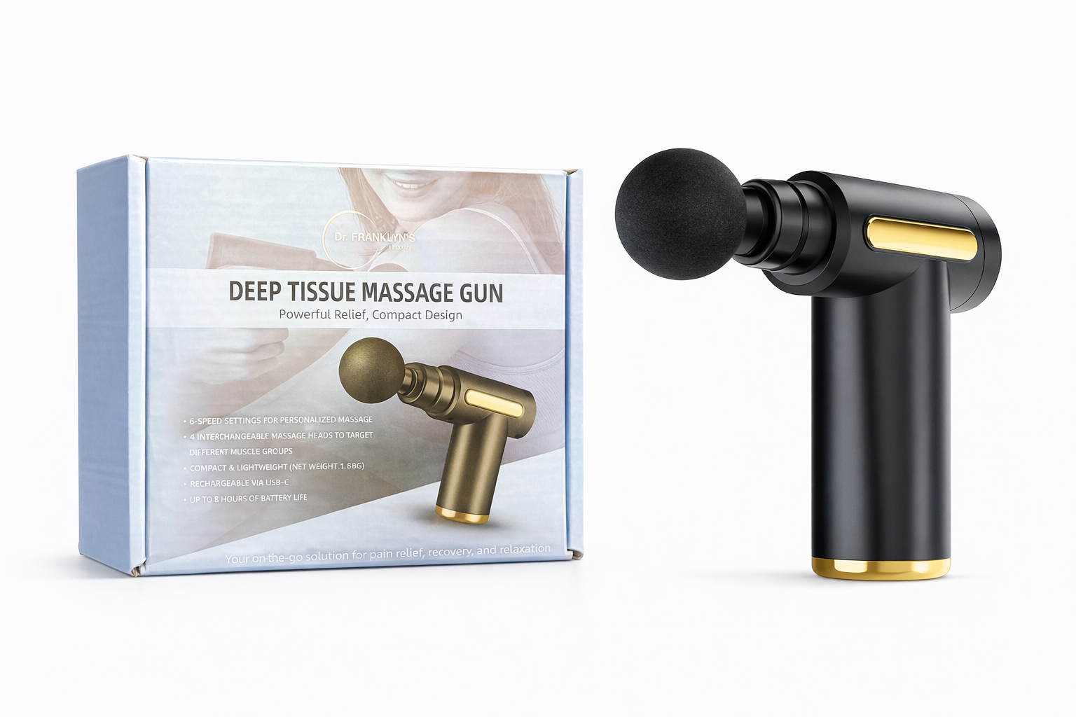 Black and gold portable percussion massage gun with 4 interchangeable massage heads for muscle recovery. 6