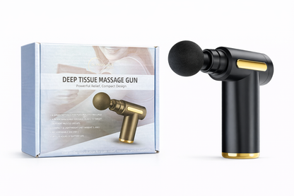 Black and gold portable percussion massage gun with 4 interchangeable massage heads for muscle recovery. 6
