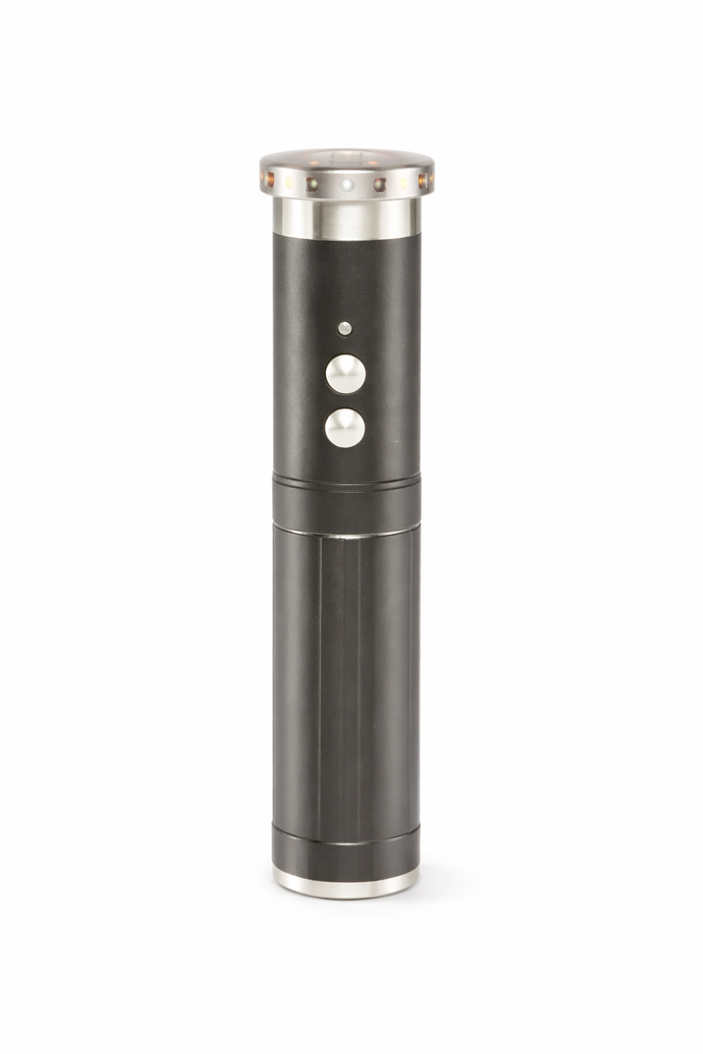 Black and silver bio-resonance frequency wand with LED light indicators and dual-button control for holistic wellness therapy. 