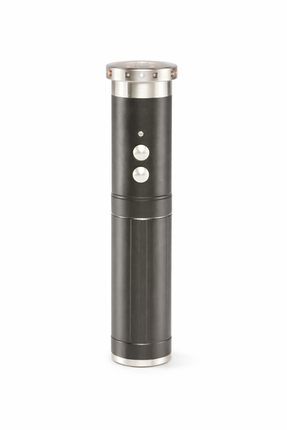Black and silver bio-resonance frequency wand with LED light indicators and dual-button control for holistic wellness therapy. 