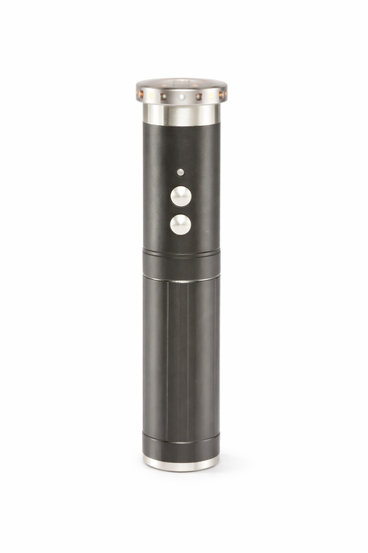 Black and silver bio-resonance frequency wand with LED light indicators and dual-button control for holistic wellness therapy. 