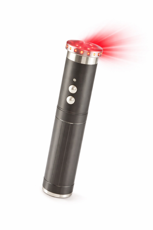 Black and silver bio-resonance frequency wand with LED light indicators and dual-button control for holistic wellness therapy. 1
