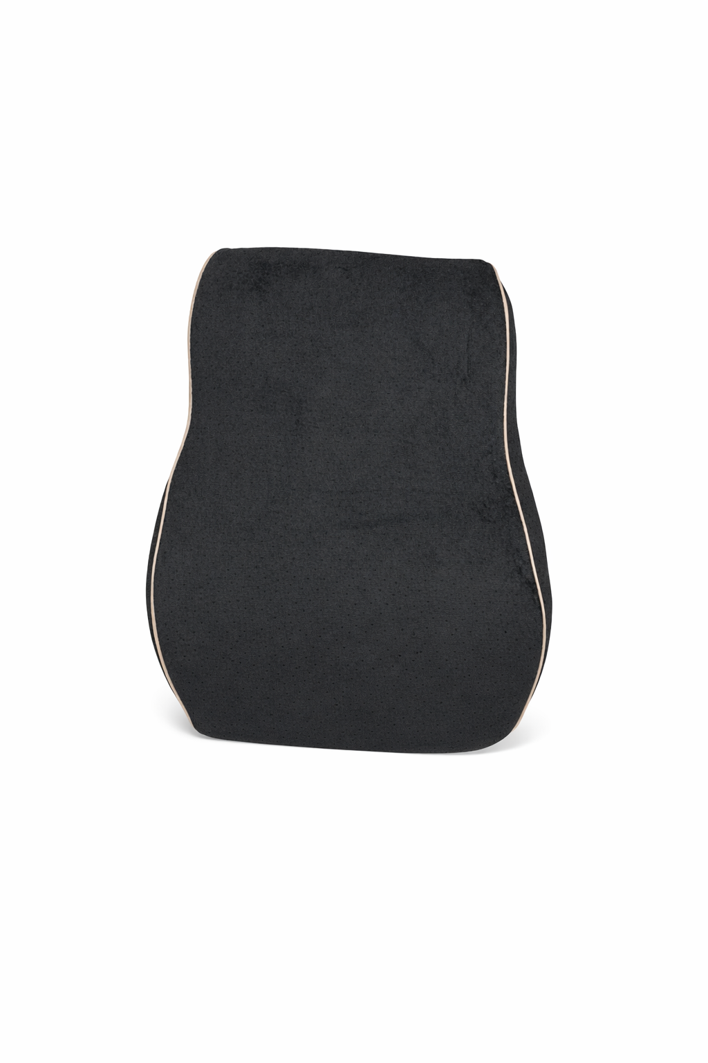 Black memory foam lumbar support pillow for office chair with ergonomic contoured design and tan piping. 