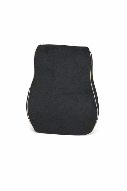 Black memory foam lumbar support pillow for office chair with ergonomic contoured design and tan piping. 