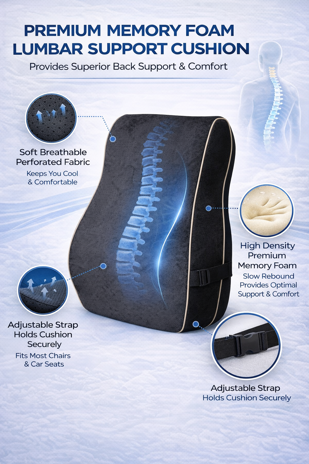 Black memory foam lumbar support pillow for office chair with ergonomic contoured design and tan piping. 1