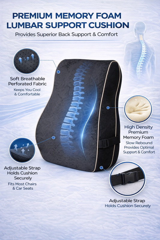 Black memory foam lumbar support pillow for office chair with ergonomic contoured design and tan piping. 1