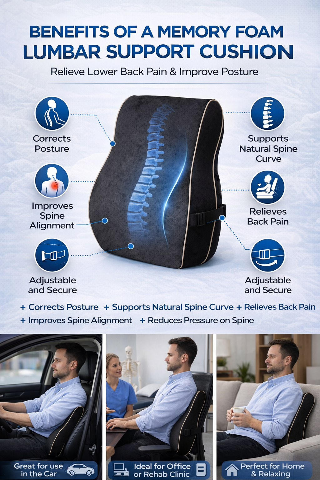 Black memory foam lumbar support pillow for office chair with ergonomic contoured design and tan piping. 2