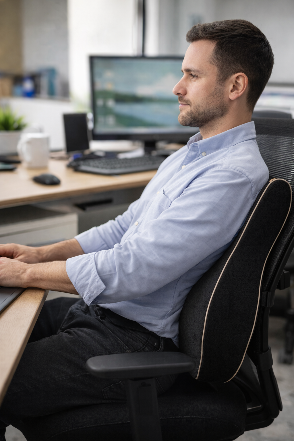 Black memory foam lumbar support pillow for office chair with ergonomic contoured design and tan piping. 3