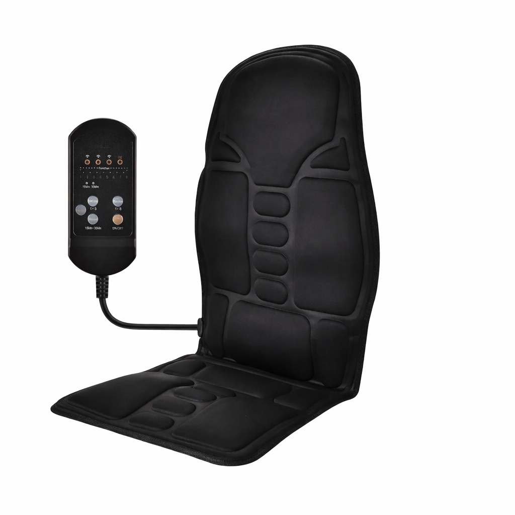 Black vibrating back and seat massager cushion with handheld remote control for chair or car use. 