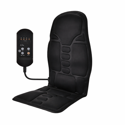 Black vibrating back and seat massager cushion with handheld remote control for chair or car use. 