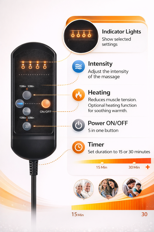 Black vibrating back and seat massager cushion with handheld remote control for chair or car use. 1