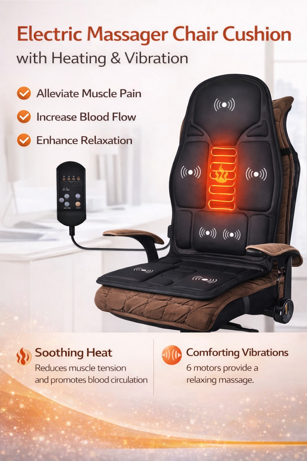 Black vibrating back and seat massager cushion with handheld remote control for chair or car use. 2