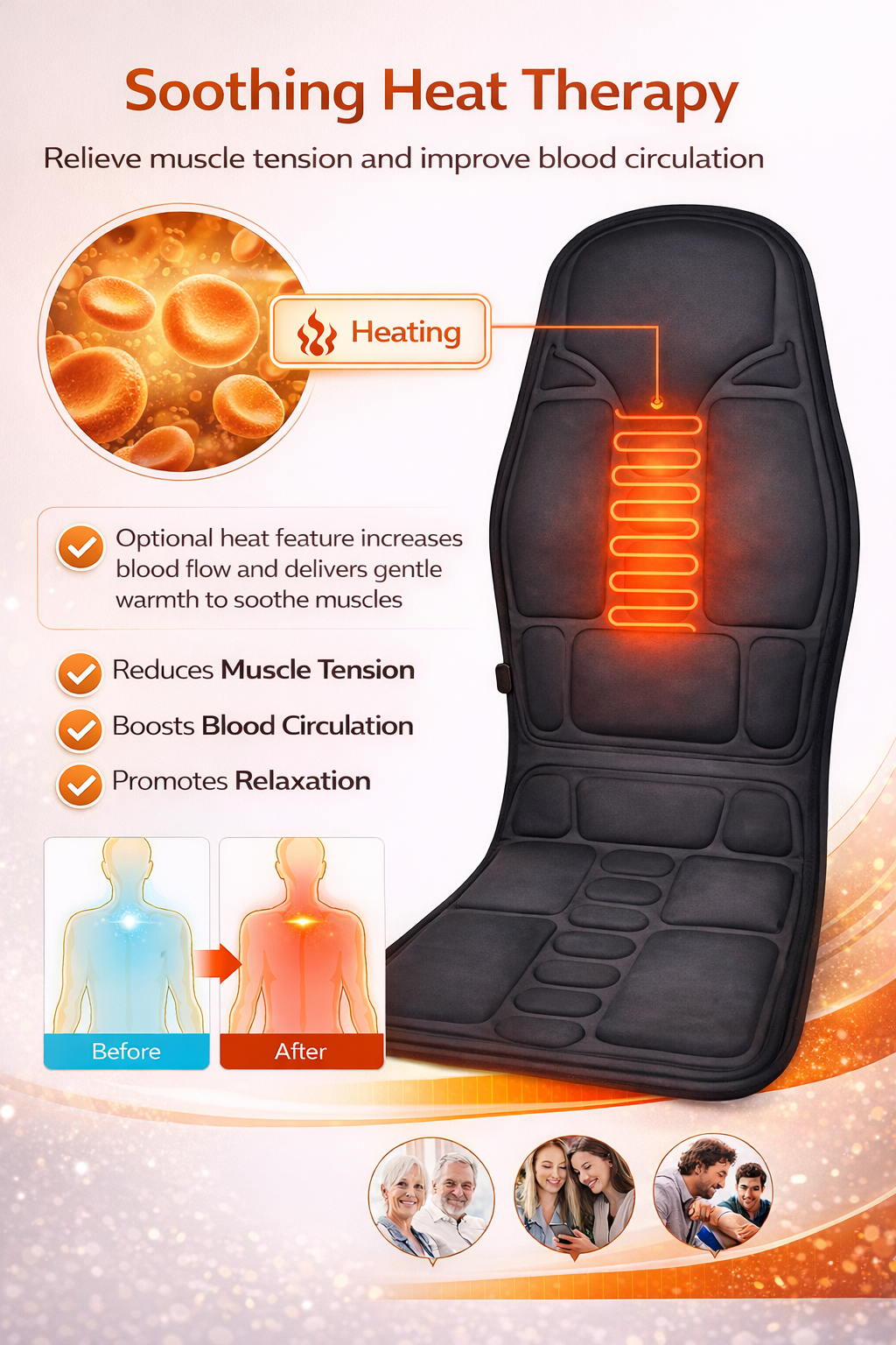 Black vibrating back and seat massager cushion with handheld remote control for chair or car use. 3